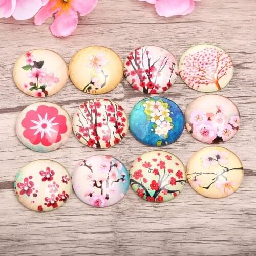 Onwear 20pcs Glass Cabochon 20mm 25mm mixed peach flower photo round dome cameo cabochons for jewelry making