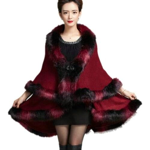 Autumn Winter Warm Fake Fox Fur Long Knitted Poncho Cape Cloak Oversize Wool Cashmere Sweater Women Cardigan Coat MY38
