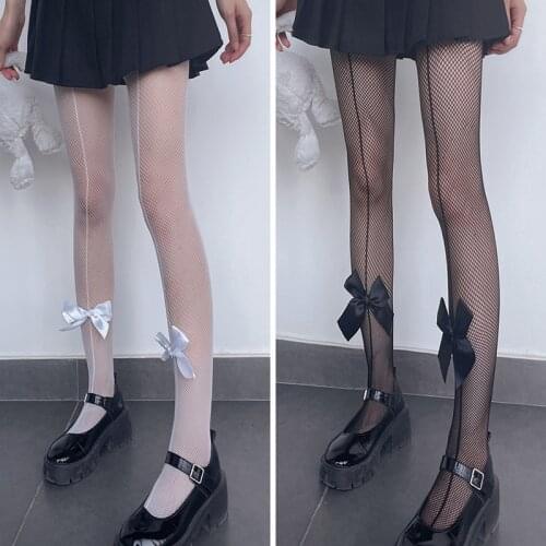 Sexy Womens Tights Classic Jacquard Vertical Line Fishnet Stockings.Ladies Girls Lolita Bow Fishnets Pantyhose Female Hosiery