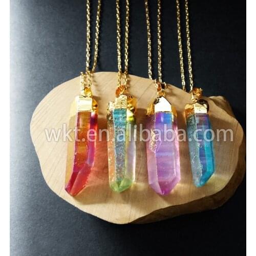WT-N495 Wholesale Aqua Aura Crystal Pendant with gold capped top Chain Aura Quartz Necklace Natural Jewelry Beaded Crystal