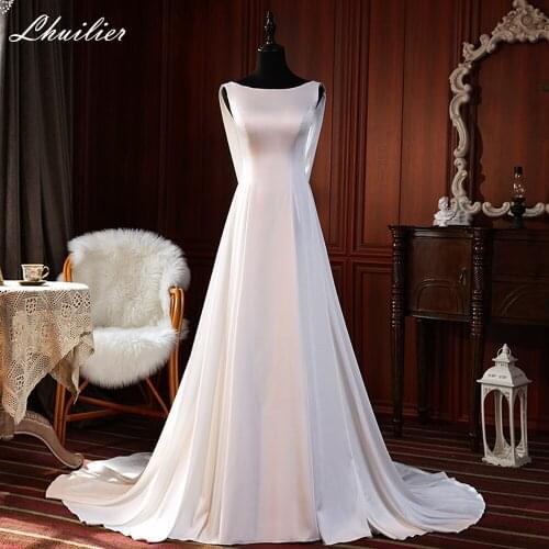 Lhuilier Simple A-line Satin Wedding Dresses 2020 Scoop Neck Sleeveless Floor Length Bridal Dress with Court Train