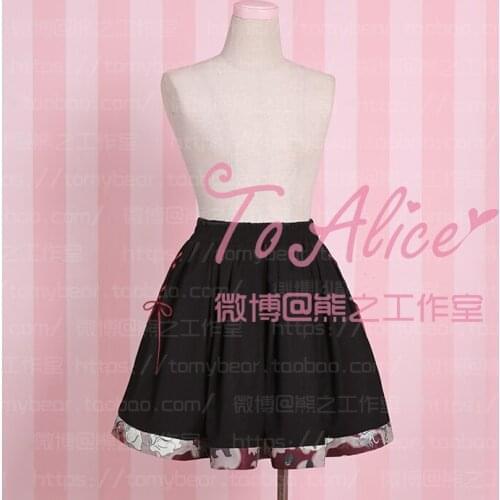 SALE "Hyakki Yakou" Clarkes World Womens Black Skirt Red Ribbon Lace Up Trim Printed Trim Elastic Waist