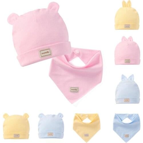 Baby Hat Scarf Solid Color Two-Piece Suit 2Pcs/Set Newborn Baby Cap Hat Beanie with Ears Lovely Triangle Towel Scarf Bib