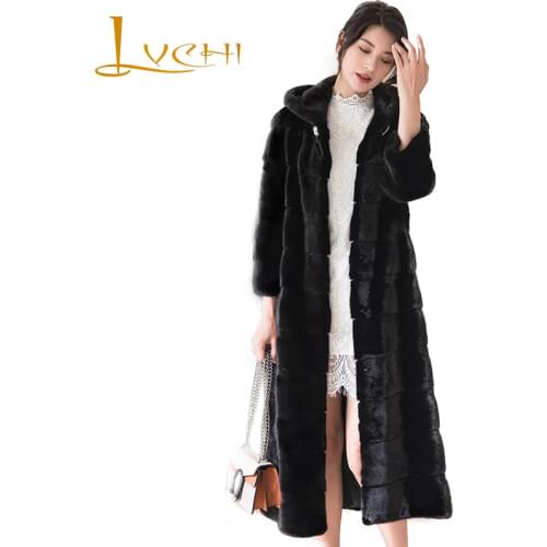 LVCHI Winter 2019 Import Swan Velvet Real Mink Fur Coats Womens Full Sleeve With Fur Hood Coat Hat Full Pelt X-Long Mink Coats