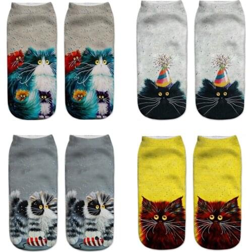 SLMVIAN-Oil painting Women Cat 3D Print Socks Brand Sock Unisex Fashion Cat Print Female Low Cut Ankle Stockings
