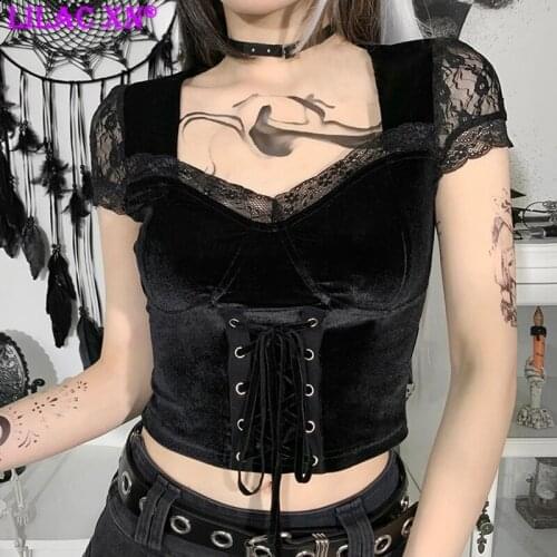 Gothic Sexy Mesh Lace up Corset Crop Top Womens T-Shirt Y2K Black Slim Short Sleeve Bodycon Tops Tee Summer Streetwear Clothes