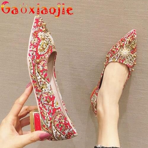 Red Chinese Style Party 1.5CM Lady Pumps Fashion Print Cotton Cloth Pregnant Woman Low Heel Shoes Shining Diamond Bride Shoes