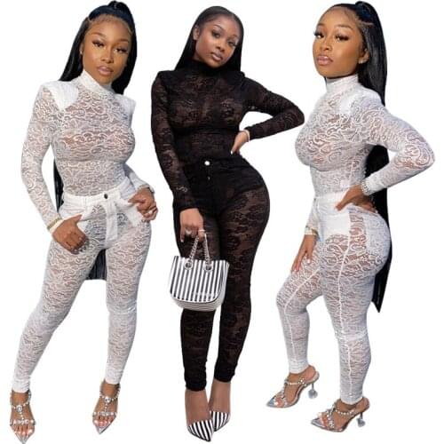Echoine 2020 Women Fall Sexy See Through Lace Top and Pants Two Pieces set clothes outfits Lady Nightclub Party Club Skinny Set