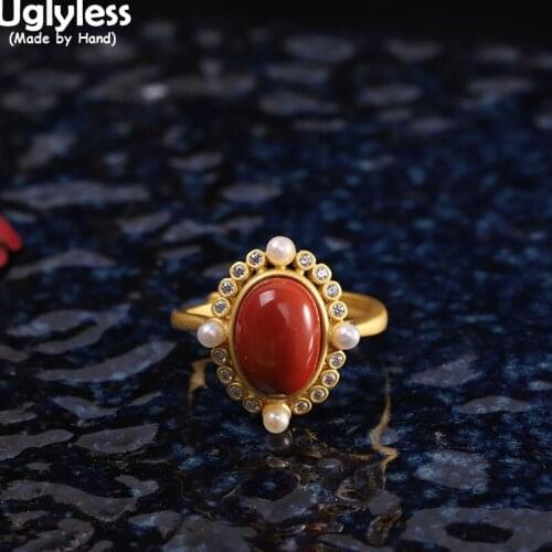 Uglyless Tempting Red Meaty Agate Jewelry Sets for Women Oval Gemstones Rings Studs Earrings Set 925 Silver Dress Jewelry Pearls