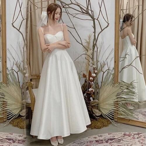 Women Elegant White Satin Spaghetti Strap Evening Dress Long A-line Formal Wedding Dress Sexy Backless Party Gown