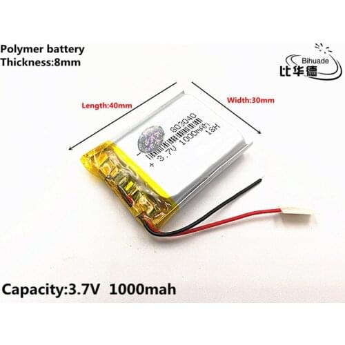 1pcs/lot Good Qulity 3.7V,1000mAH,803040 Polymer lithium ion / Li-ion battery for TOY,POWER BANK,GPS,mp3,mp4