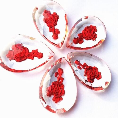 12pcs Red Crystal Rose Pendants 50mm Crystal DIY Chandelier Accessory Engraved flower pattern By Handmade For Wedding Decoration