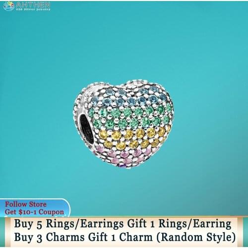 Ahthen 925 Sterling Silver Beads Multi-colour Pave Open My Heart Clip Charms fit Original Pandora Bracelets for Women Jewelry
