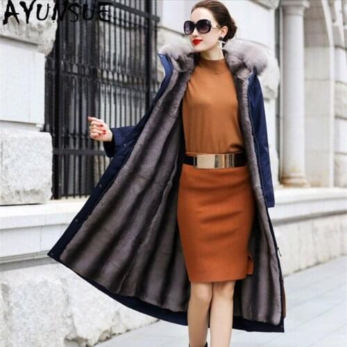 AYUNSUE Real Fur Parka 2020 Winter Jacket Women Natural Rabbit Fur Liner Long Coat Female Fox Fur Collar Warm Parkas 4xl MY3612