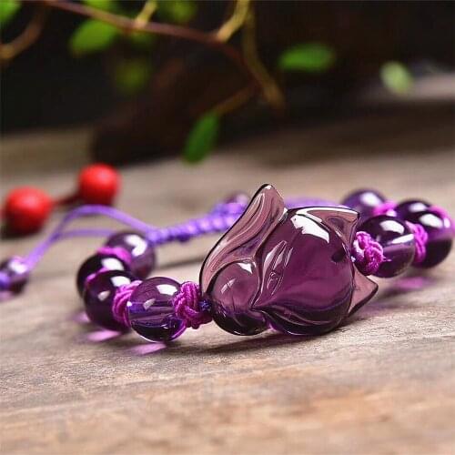 Natural Gem Stone Beads Carved Fox Crystal Amethyst Bracelet Women Healing Stone Adjustable Braided Reiki Yoga Energy Jewelry