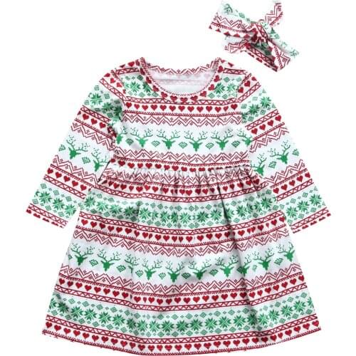 Toddler Kids Baby Girls Dress Cute Xmas Christmas Clothes Casual Party Pageant Tutu Princess Dresses Long Sleeve Headband Outfit