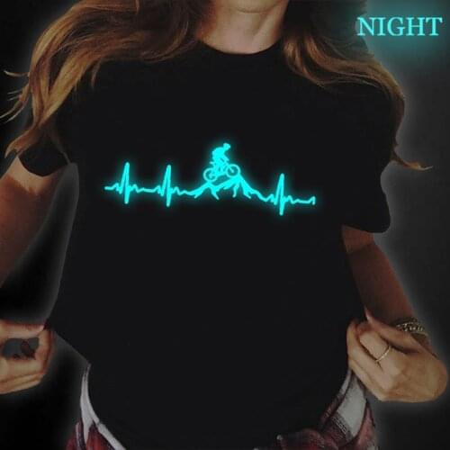 Graphic Tees Women Luminous Woman Tshirts Mountain Bike Heartbeat Biking Print Glowing Harajuku Shirt Summer Womens Black Tops