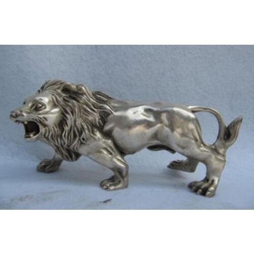 China Folk Refined white Copper Silver Feline animal Ferocious Male lion Statue