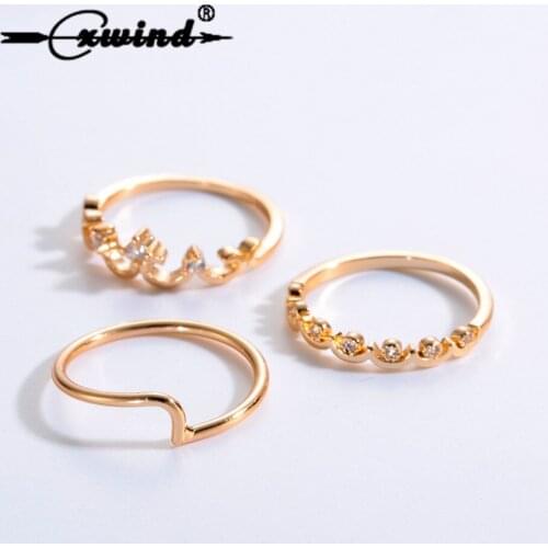 3 PCS/set Fashion Crown Crystal Rings Jewelry Geometric Waves Finger Ring Set Gift For Women Above Mid Knuckle Bijoux