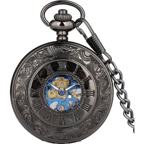 Antique Wooden Case Handwinding Mechanical Pocket Watch for Men Women Skeleton Clock Pendant Chain Roman Number Dial Hour Gift