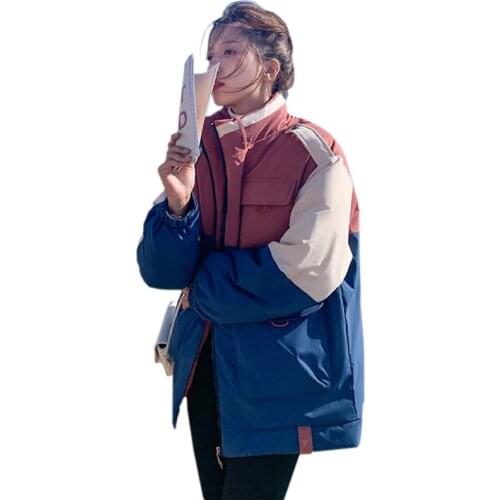 New Fashion Padded Jackets Loose Women Parkas 2021 Winter Jacket Pocket Color Contrast Matching Harajuku Coats Tooling Overcoats