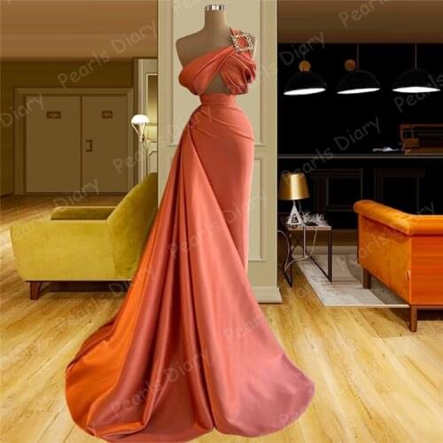Orange Satin Couture 2021 Collection Muslim Custom Evening Dresses Dubai Mermaid Gown For Women Party Robes De Soiree Prom Dress