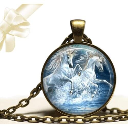 Clear White Unicorn picture glass cabochon necklace Horse Horse Necklace Round Vintage Horse Art glass dome pendant jewelry