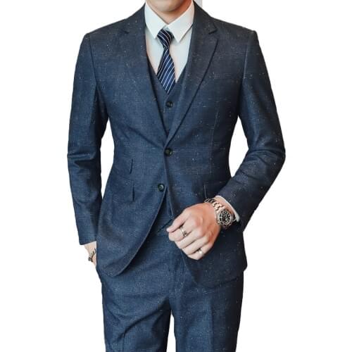Jacket + Vest + Pants ) Groom Wedding Dress Boutique Fashion Plaid Brand Suit 3 Pcs Set Mens Business Casual Formal Suit Grey