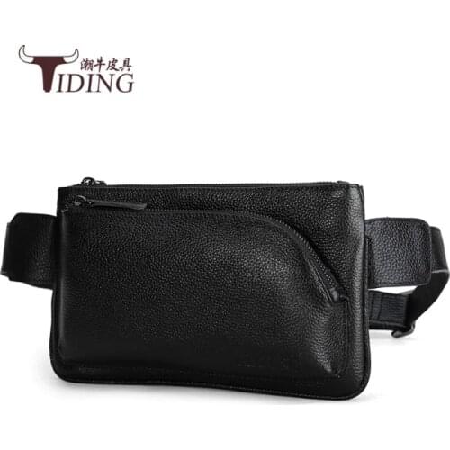 Waist Pack Black Cow Leather Bag Men Genuine Leather Waist Bag Man Waist Pack Funny Pack Belt Bags Chain Waist Bag For Phone