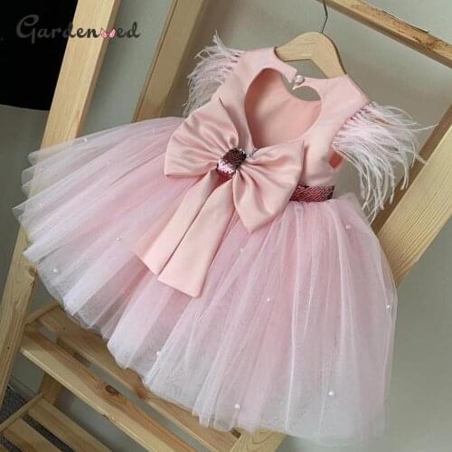 Gardenwed Feathers Puffy Flower Girl Dresses Sequined Belt Bow Wedding Party Dress Pink Birthday Dress Vestido Comunion Niña