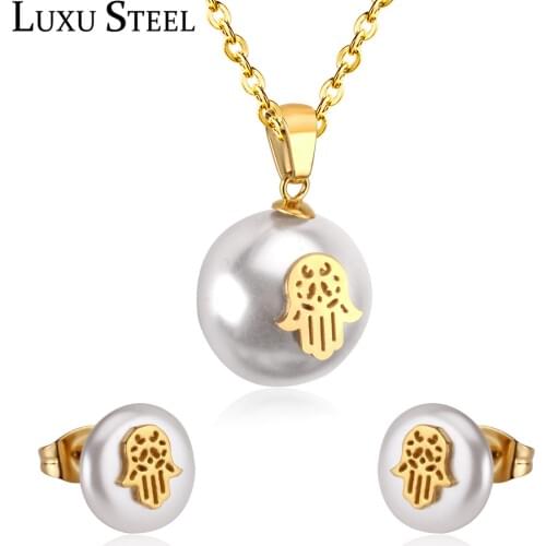 LUXUSTEEL Women Jewelry Sets Inoxidable Imitation Pearl Pendant Necklace Earrings Brinco Gold Color Chains Necklace Party