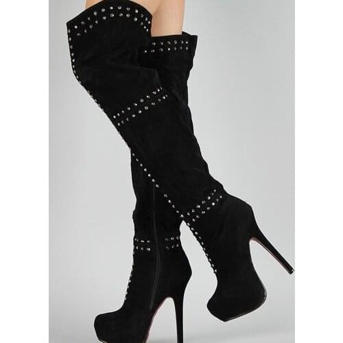 Rivet Over The Knee Platform Boots Suede Black Red Stiletto Thin High Heel Dress Boots Round Toe Custom Made Super High Boot