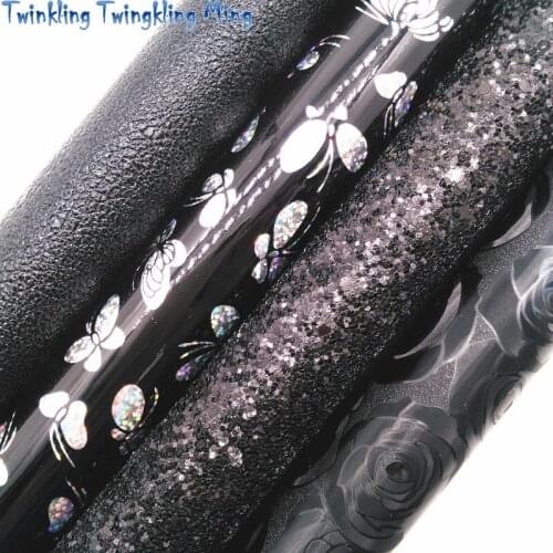 Silver Chunky Glitter Leather, Synthetic Leather Faux leather with Butterfly Rose Pattern 21x29CM Twinkling Ming KM478