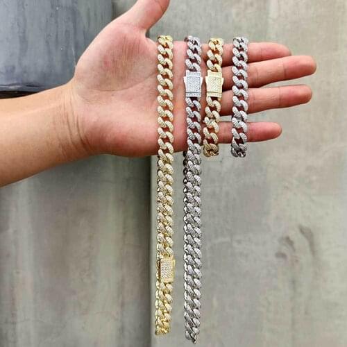 Hip Hop 2 Rows CZ Stone Bling Iced Out Spring Clasp 12MM Round Cuban Miami Link Chain Necklaces for Men Rapper Jewelry