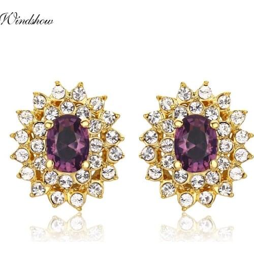 Yellow Gold Color Sun Flower Oval Purple Crystal Accent Clear Crystal Stud Earrings For Women Luxry Party Jewelry Aros Aretes