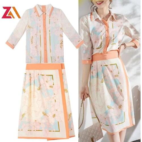 ZALady Designer Office Work Two Piece Set Suit Women Vintage Floral Printed Shirt Top Midi Skirts Elegant Basic Traf plus size