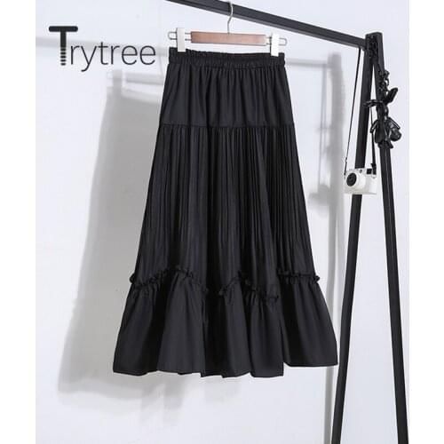 Trytree 2020 Summer Women Casual Skirt 5 Color Solid Irregular A-line Pleated Elastic Waist Temperament All-Purpose Style Skirt
