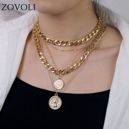ZOVOLI Punk Gold Portrait Coin Pendant Necklace For Women Cuban Multilayered Chunky Thick Chain Choker Necklaces Gothtic Jewelry