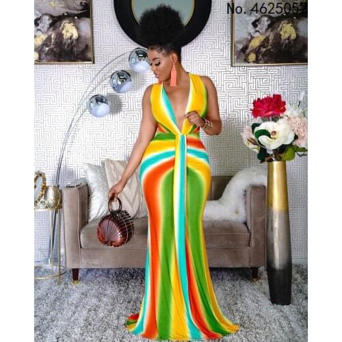 Women Summer Vintage Boho Striped Long Maxi Evening Party Beach Dress Backless Strap Sundress Women Clothes