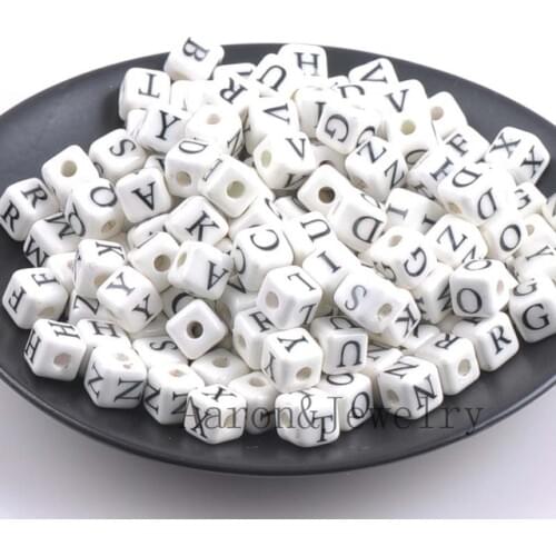2017 hot White A-Z Mixed Letter Alphabet Cube Ceramic Letter Beads Fit Jewelry making 8mm 10pcs YKL0355X