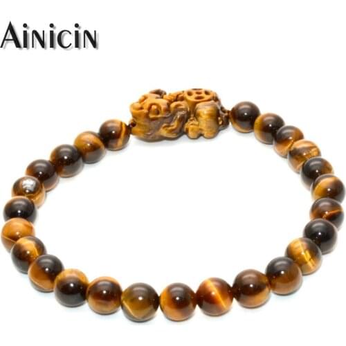 10pcs Grade AA Natural Tiger Eyes Golden Color Pixiu Elastic Beaded Bracelets 7.5'' Fashion Women Gift Jewelry