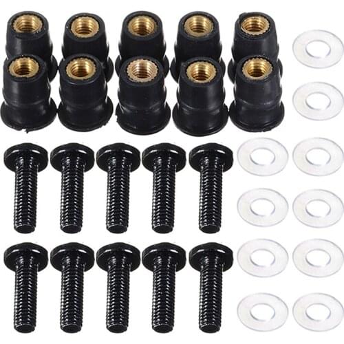 10Pcs Motorcycle Windshield Screw Black M5x16mm Screws M5 Rubber Nuts Neoprene Set 5mm Screw Kit