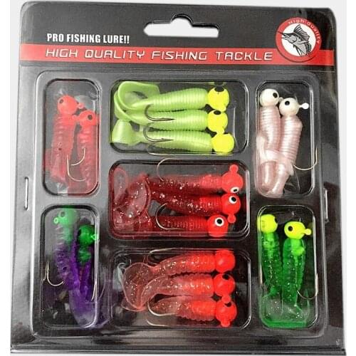 17Pcs/set Soft Fishing Lure Lead Jig Head Hook Grub Worm Soft Fishing Baits Plastic Bait Fishing Tackle