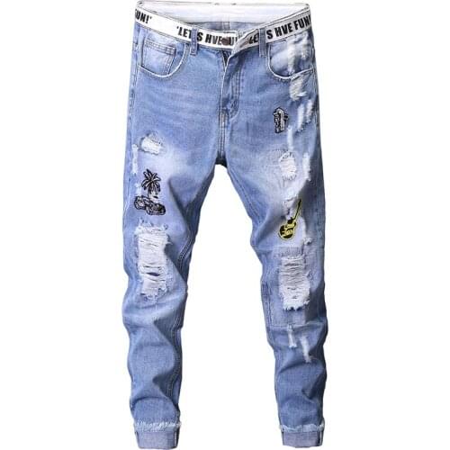 2021 New Design Streetwear Elastic Jeans Men Punk Pants Skinny Ripped Jeans Men