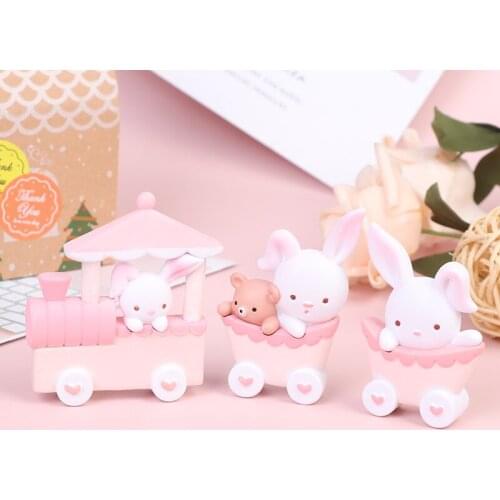 3Pcs Cake Adornment Resin Cartoon Rabbit Train Ornament Kids Easter Party Decor