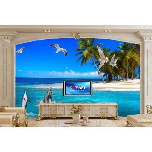 Custom large mural.Creative dolphin palm seagull sea 3d wallpaper,living room tv sofa wall bedroom 3d wallpaper papel de parede