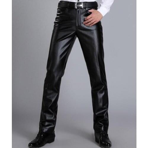 Black motorcycle faux leather pants men trousers pu pants for men pantalon homme straight PU plus velvet thickening windproof