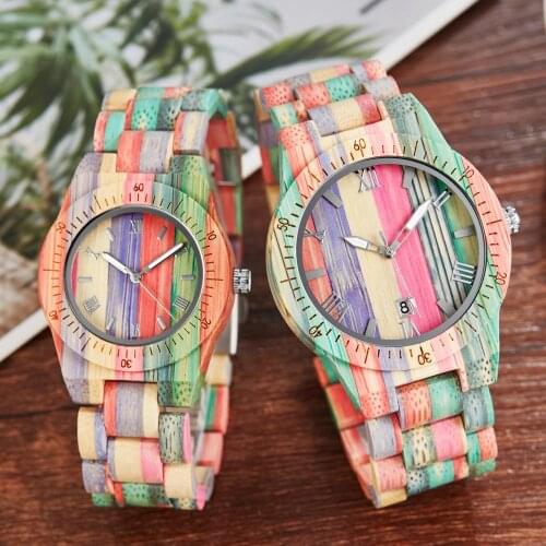 Colorful Rainbow Wood Watch Quartz Date Couple Watches Full Multi Colors Wooden Band Fashion Clock Unisex