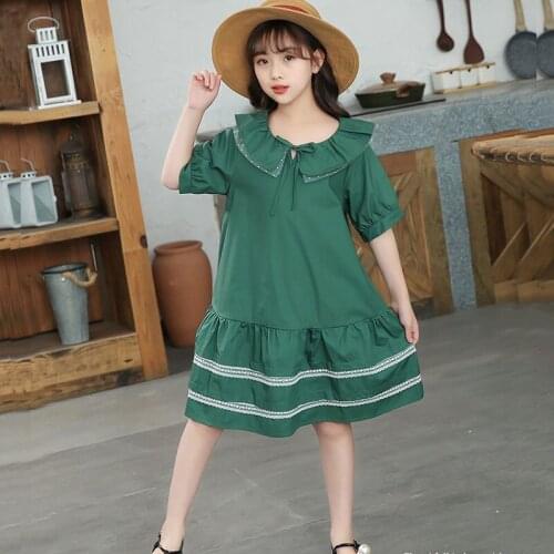 Summer 2021 Teenage Girls Casual Dresses Cotton Kids Korean Style Princess Dress Clothing Fashion Pink Blue Baby Clothing