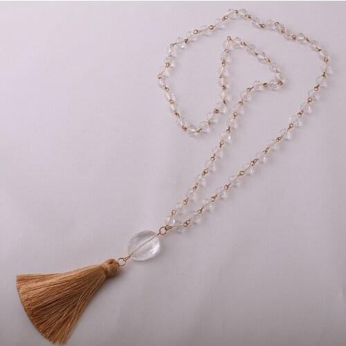 MOODPC Fashion Bohemian Jewelry White Crystal Glass Beads Rosary Chain Needle White crystal Beige Tassel Necklace for women